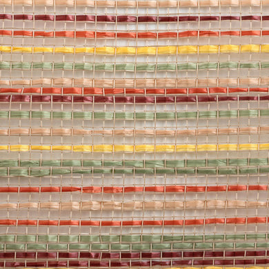 Close up of striation style natural, yellow, orange and sage "fall harvest" vertical wide stripe deco mesh weave carried by Monkey's Creations - MPN RE1369YJ