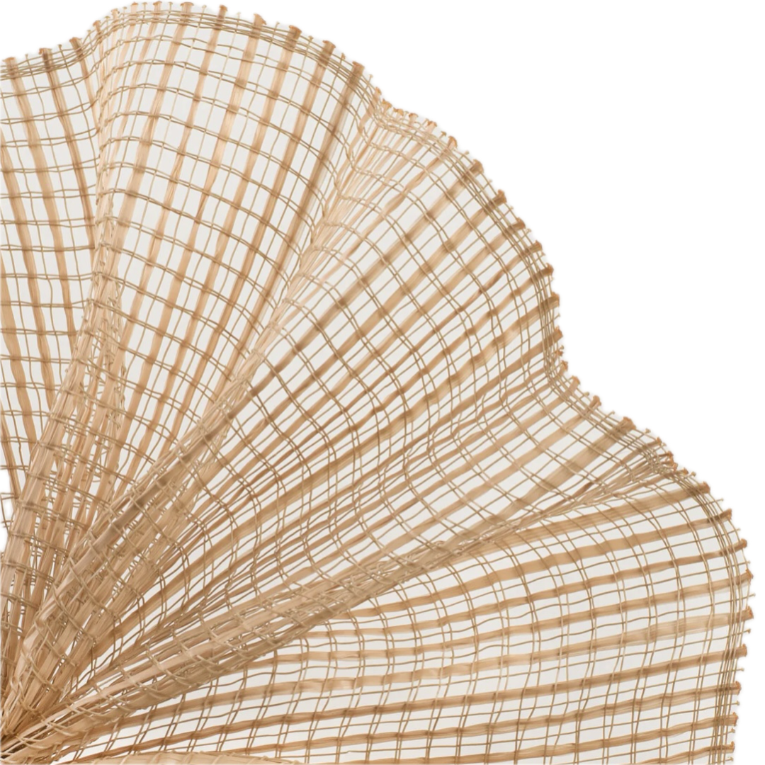 Close-up of a textured natural horizontal wide stripe deco mesh weave fanned