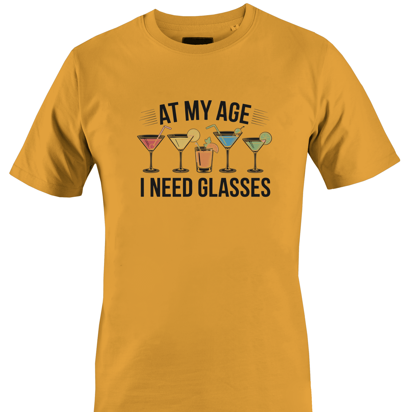 Orange t-shirt with cocktail graphic and text 'At my age I need glasses'