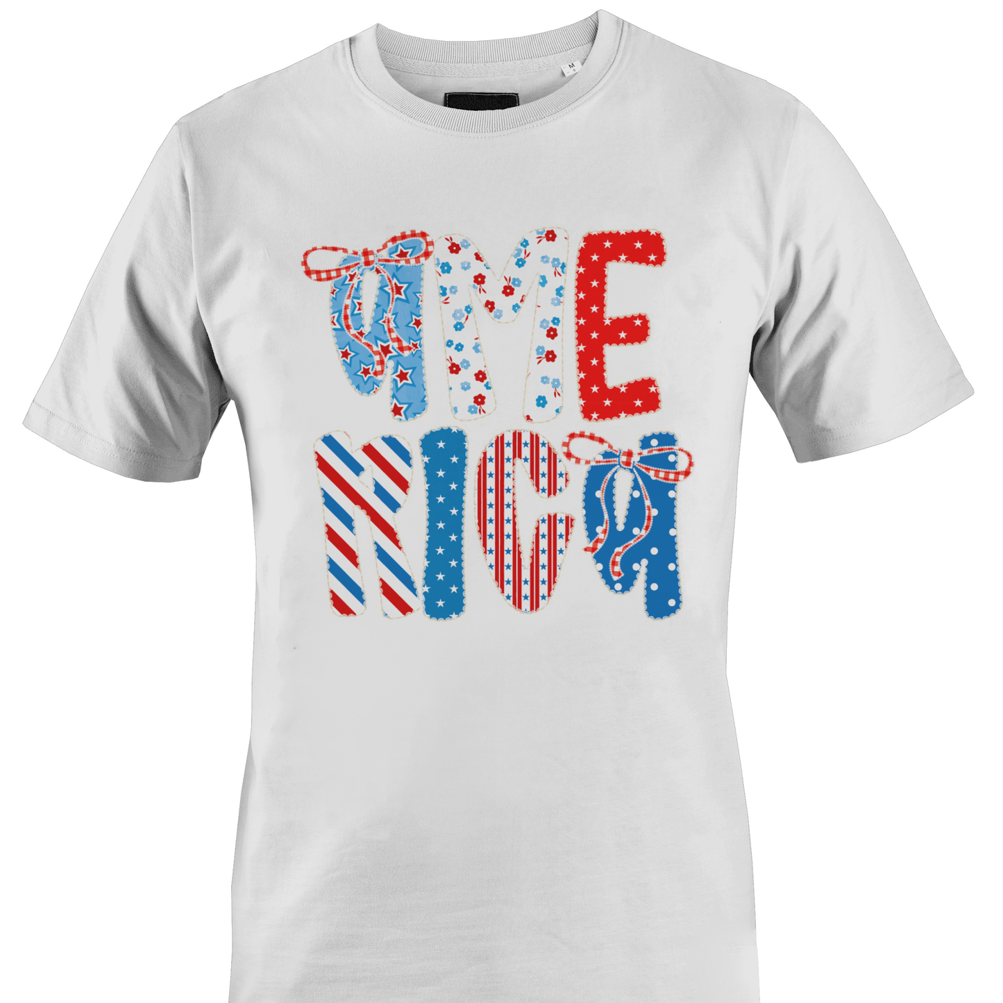 White t-shirt with colorful America text design by Monkey's Creations