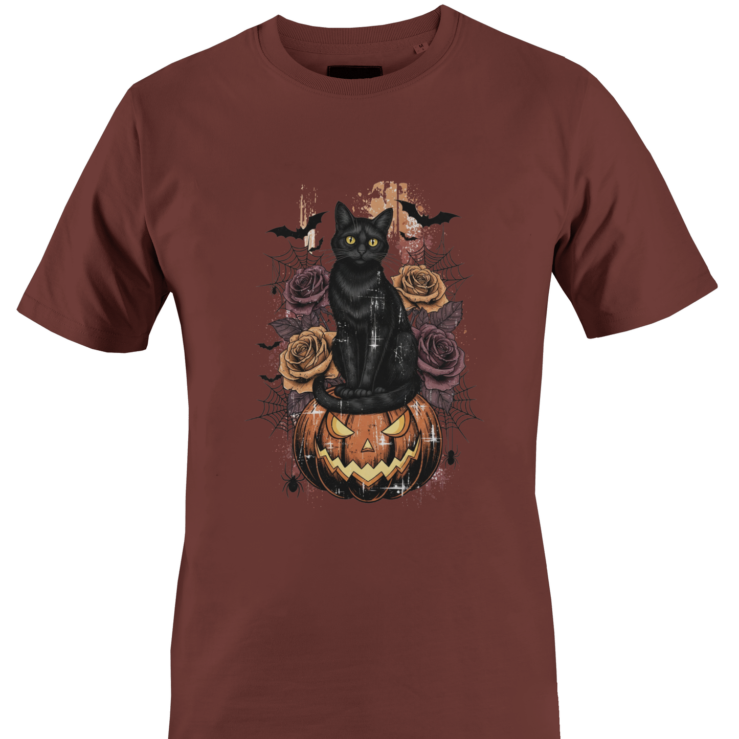 Brown t-shirt featuring Halloween elements - a black cat sitting on a jack o lantern with roses, cobwebs and bats by Monkey's Creations.