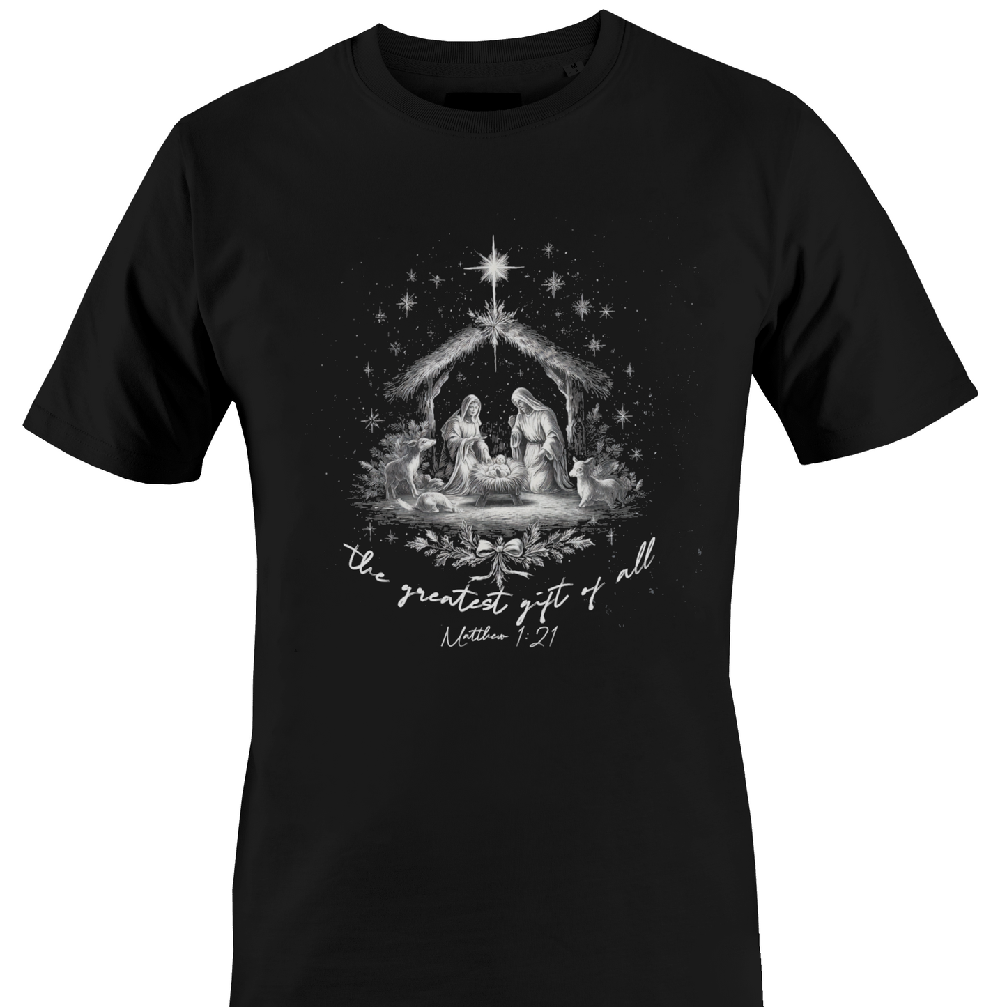 A black short-sleeve crewneck t-shirt featuring a detailed black and white graphic of the Holy Family in a stable with a star and the text 'the greatest gift of all' and 'Matthew 1:2" by Monkey's Creations.