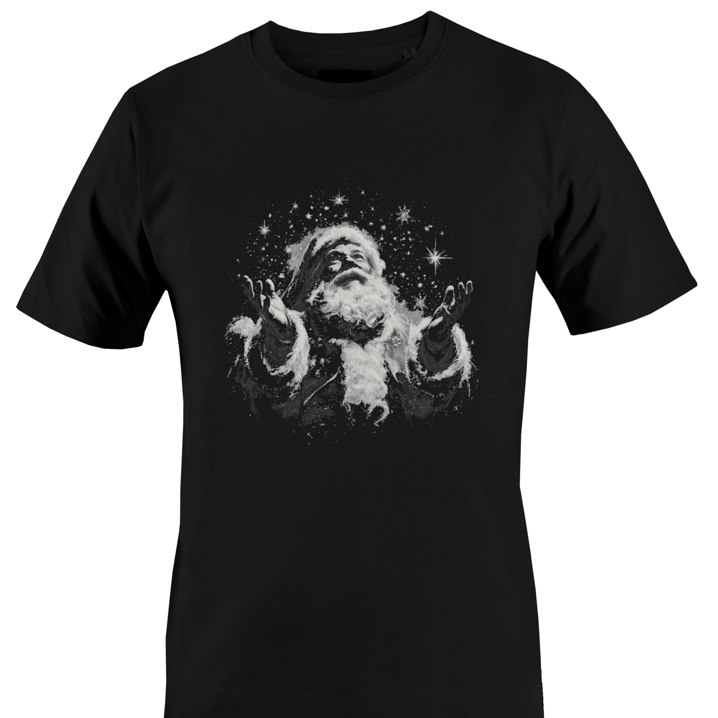A black short-sleeve crewneck t-shirt featuring a white and gray graphic print of Santa Claus surrounded by stars by Monkey's Creations