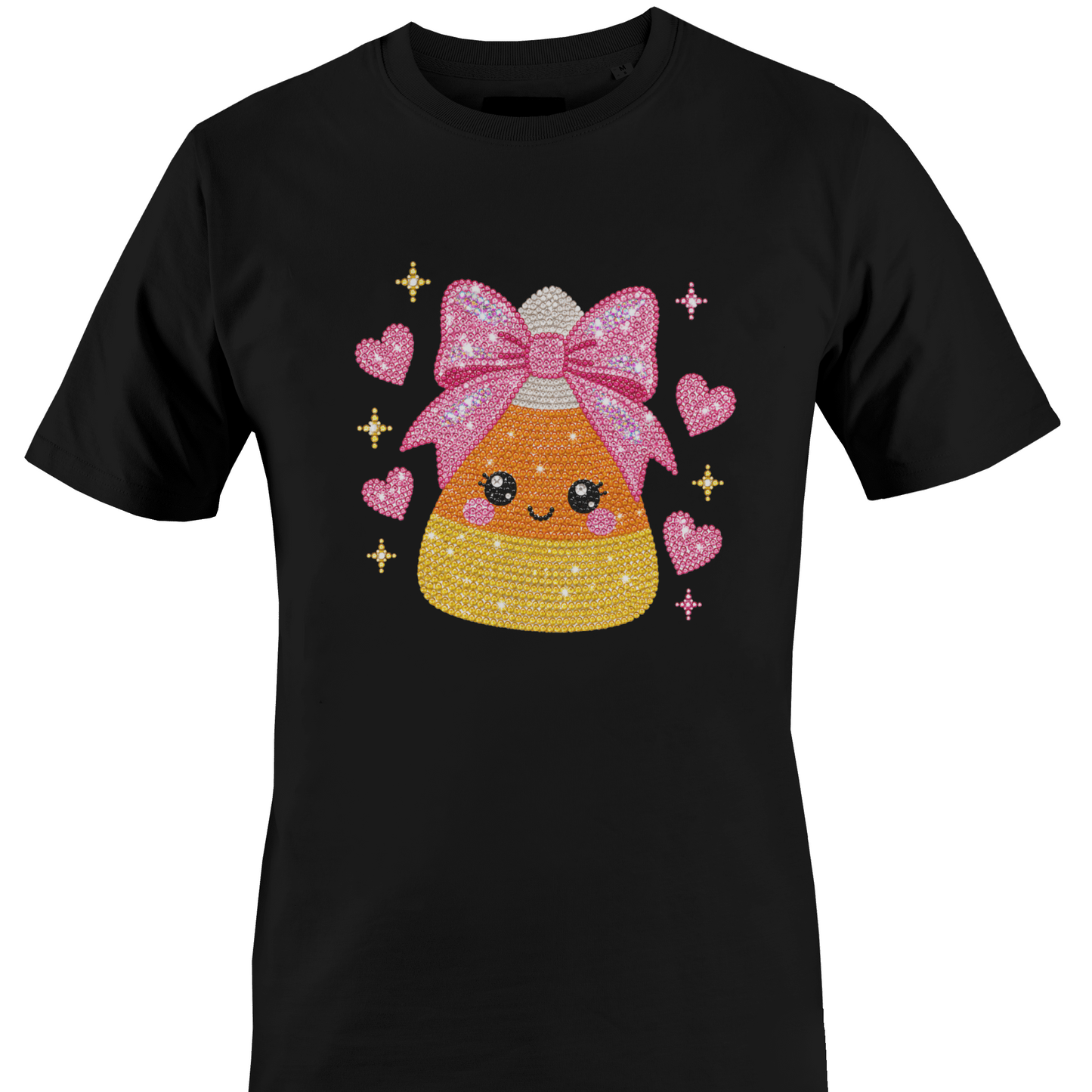 Black t-shirt featuring a sparkly bling candy corn wearing a pink bow surrounded by hearts for Halloween by Monkey's Creations.