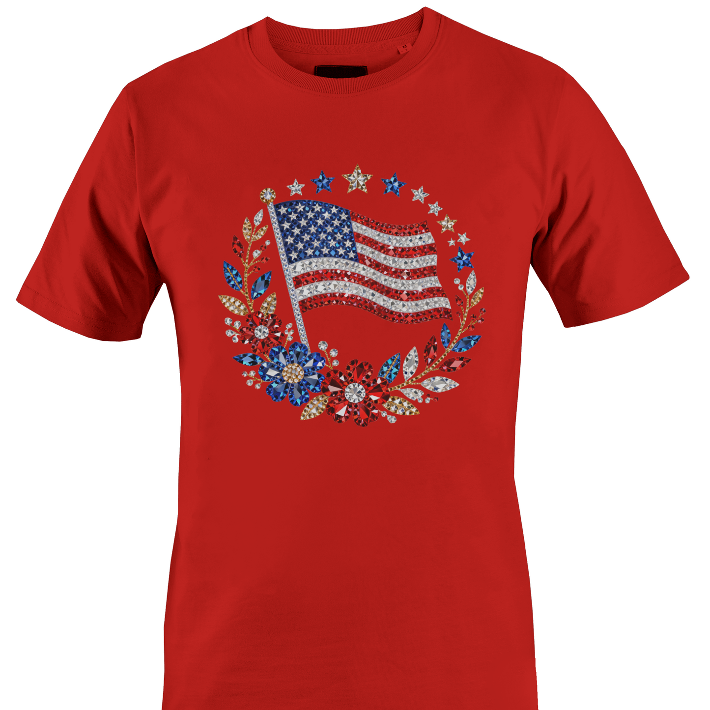 Red t-shirt with bling American flag and floral design by Monkey's Creations