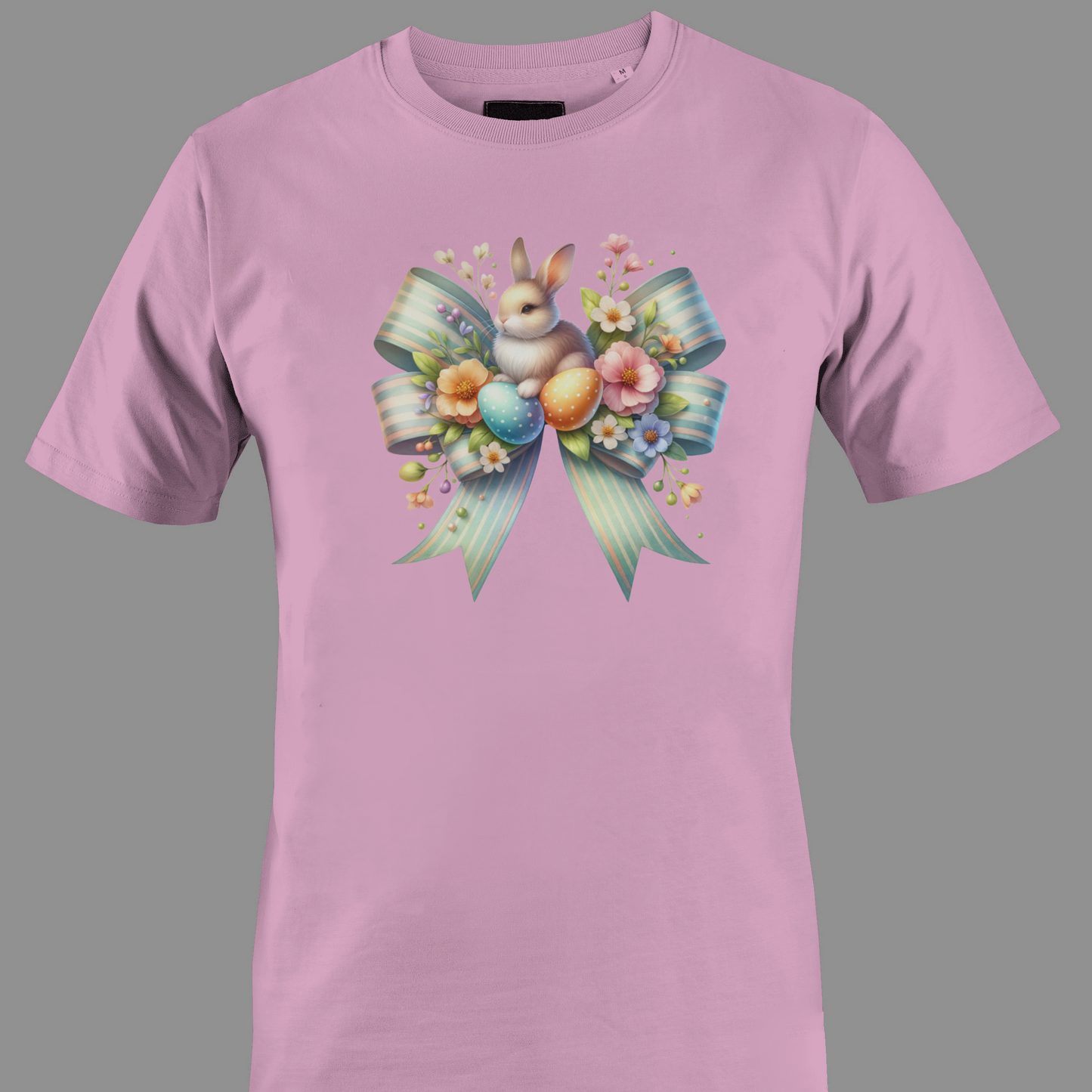 Light pink t-shirt with a bow, bunny, flowers and Easter eggs