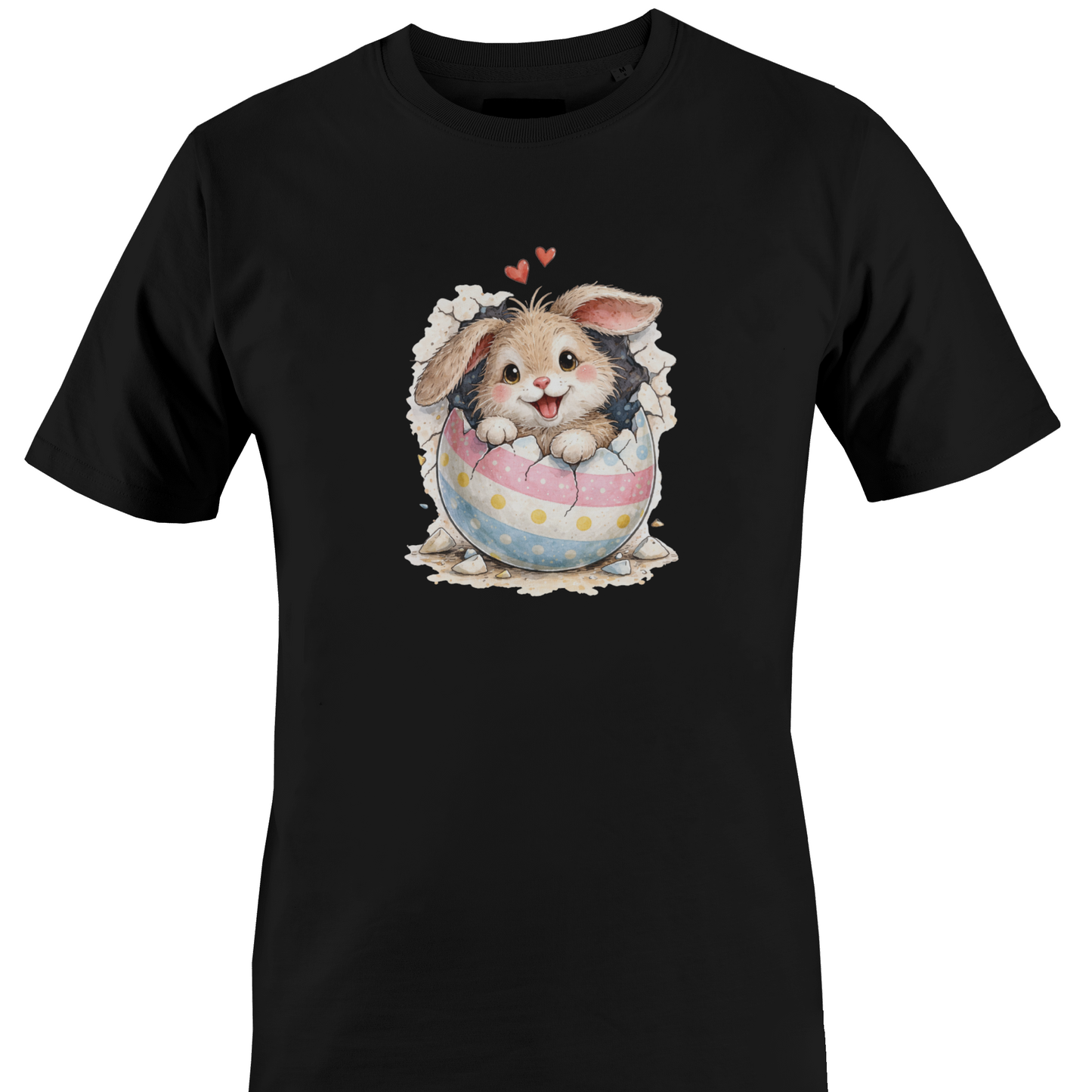 Black t-shirt with a cute bunny in an egg design