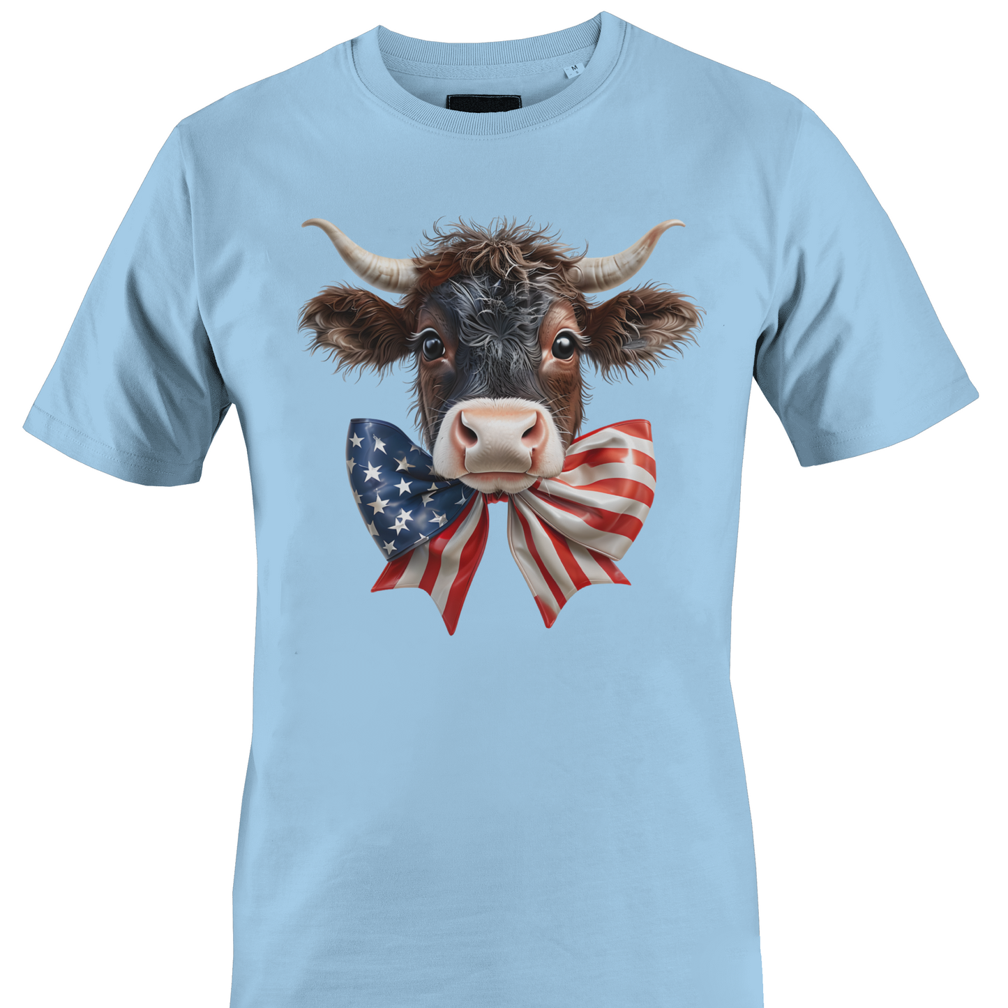 Light blue t-shirt with a cow wearing an American flag bow tie