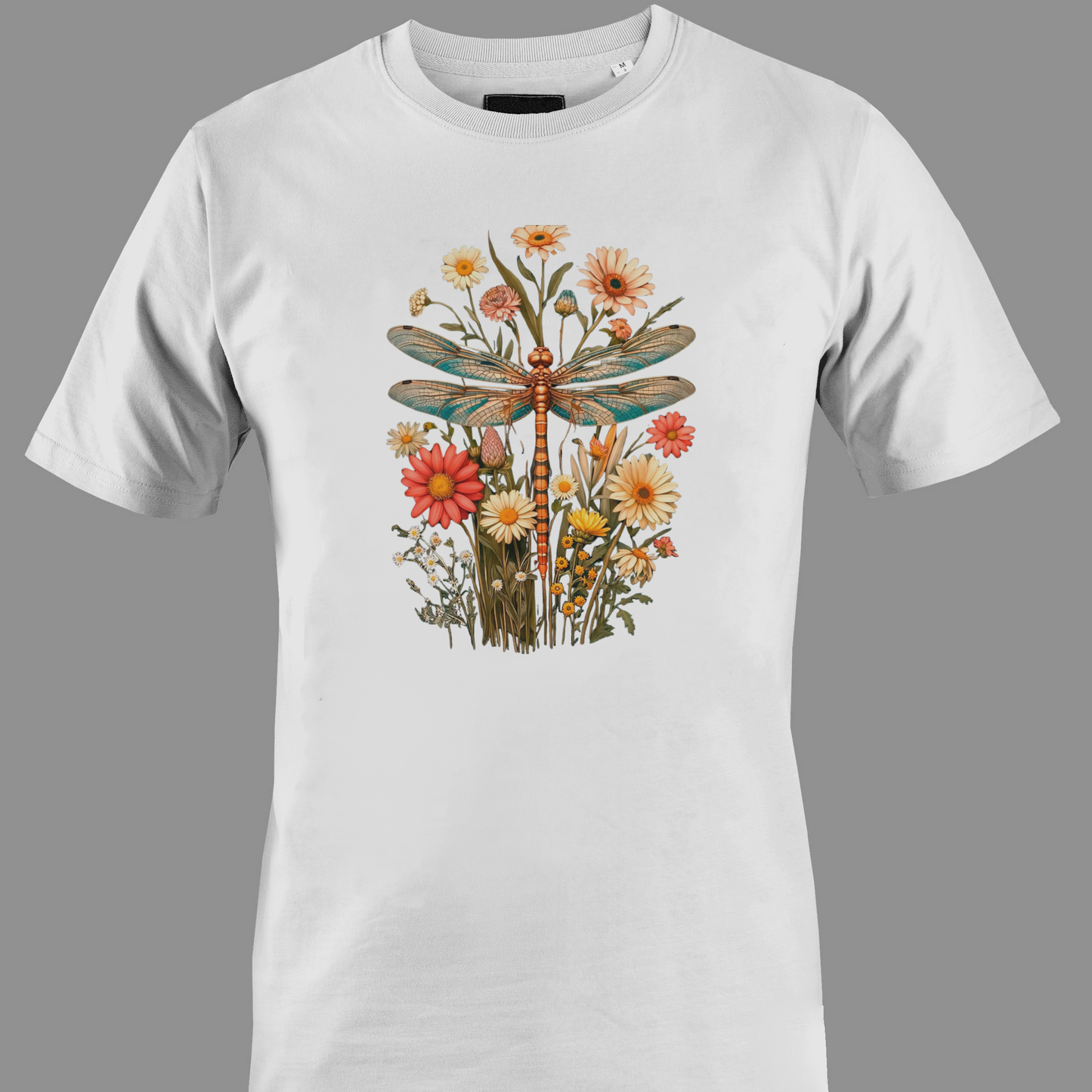 White t-shirt with a dragonfly and floral design