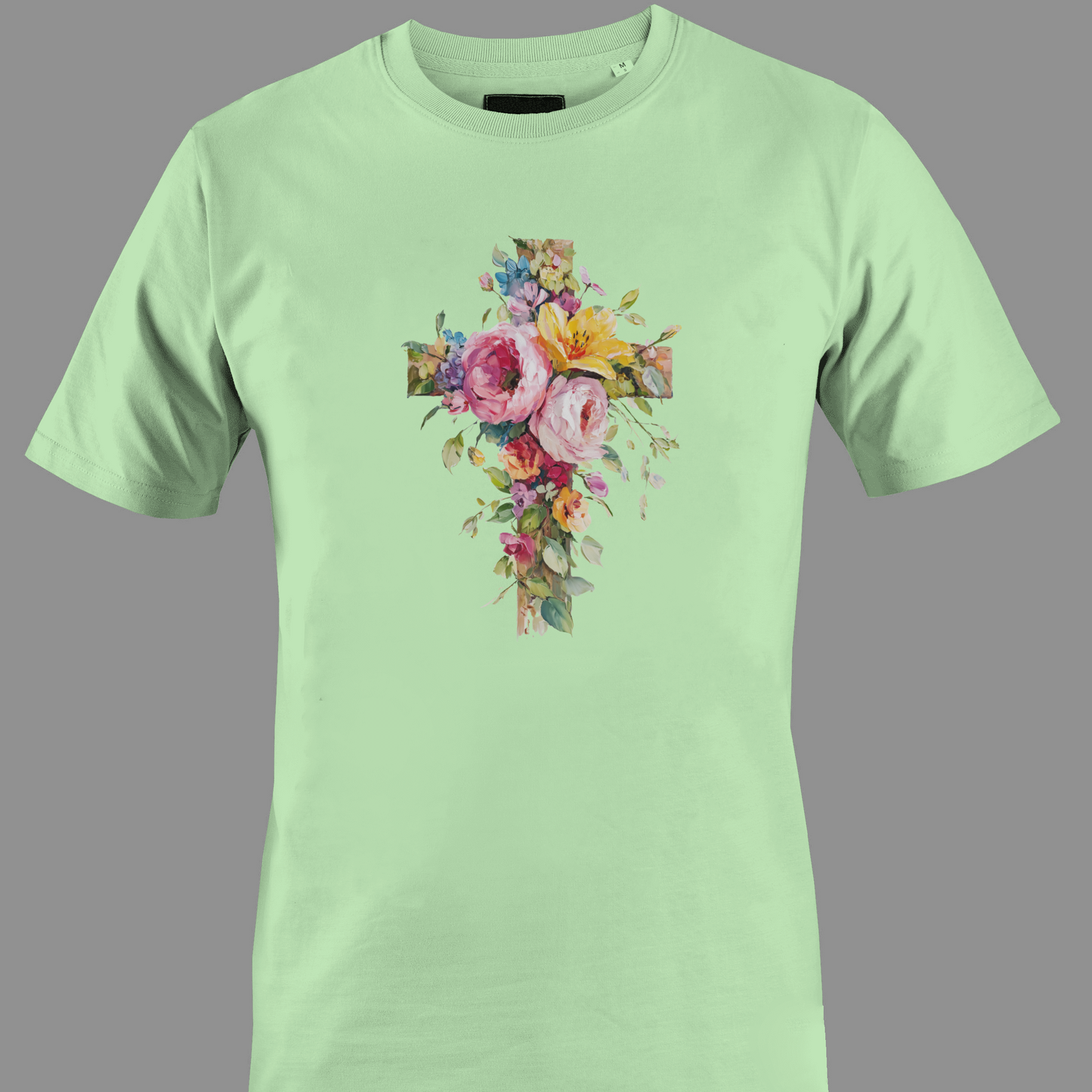 Light green t-shirt with a colorful floral cross