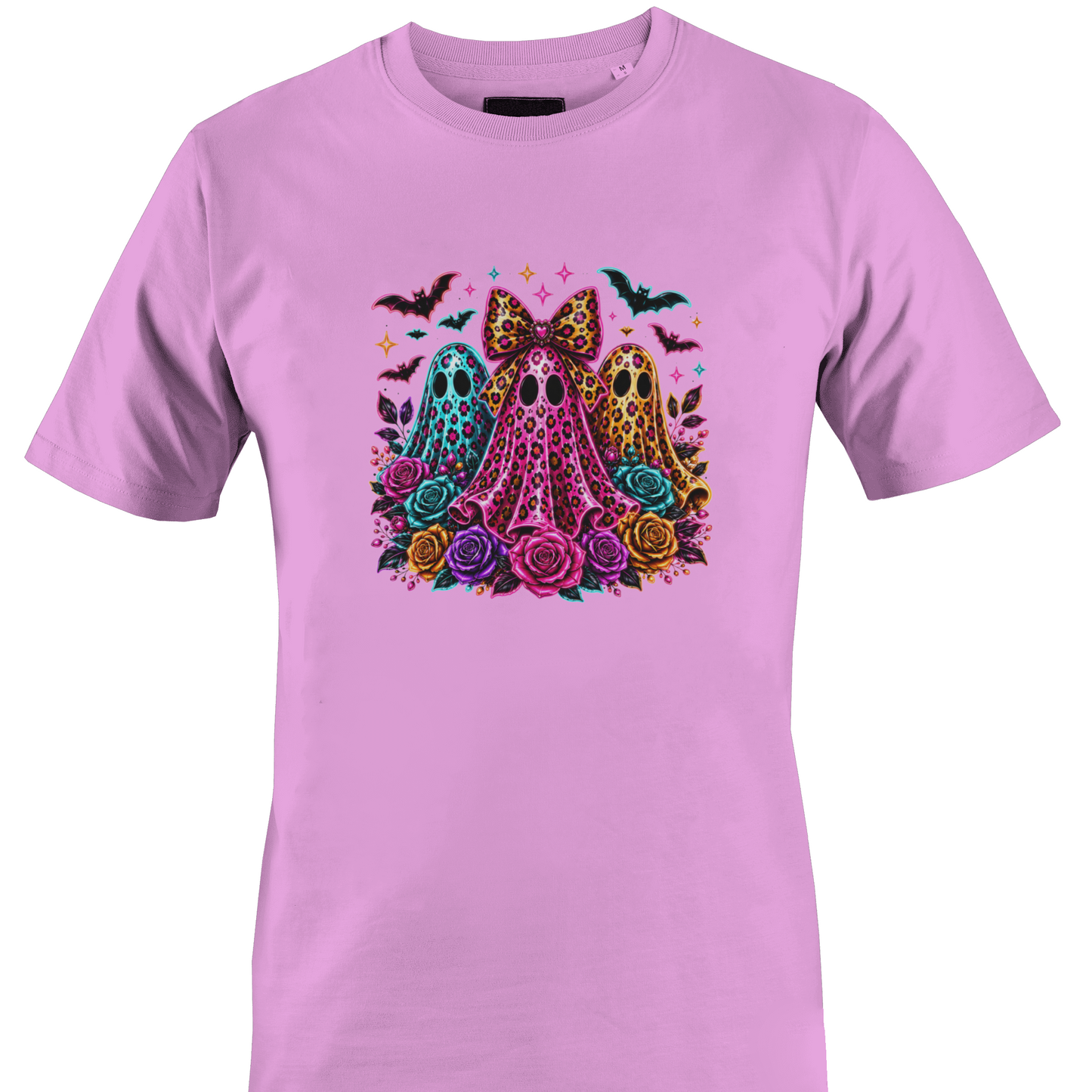 Light pink t-shirt with a trio of ghosts, colorful roses and bats for Halloween by Monkey's Creations.