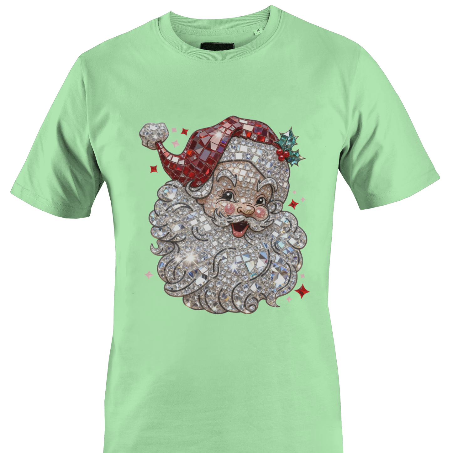 Mint green t-shirt with a glass mosaic classic Santa by Monkey's Creations.