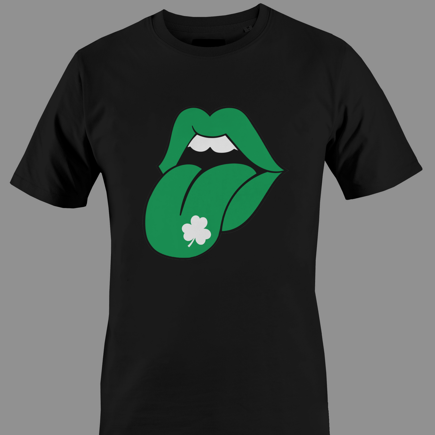 black t-shirt with Green lips with a white four-leaf clover on tongue