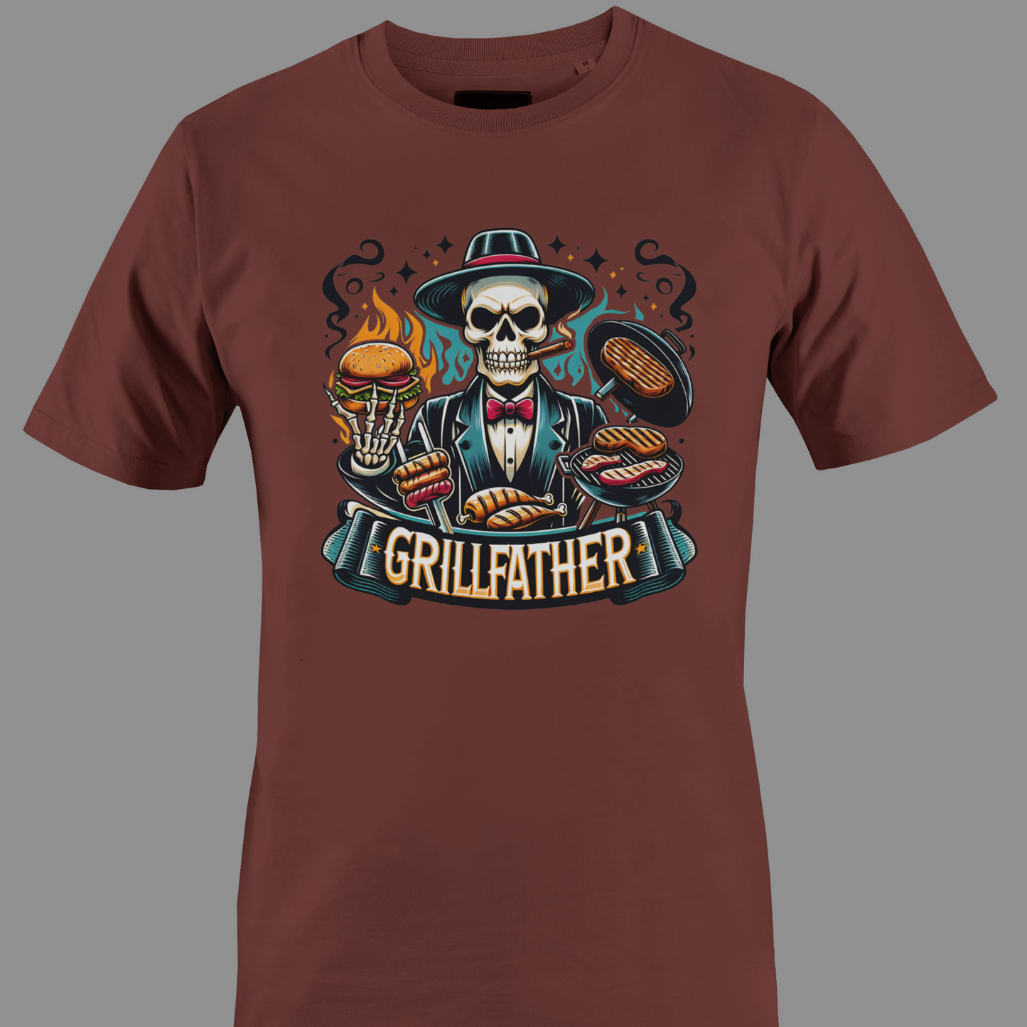 Brown t-shirt with a skull graphic and 'Grillfather' text on a gray background