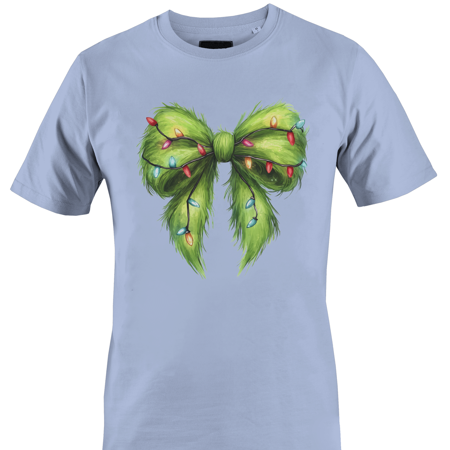 Light blue t-shirt with a furry green bow and Christmas lights by Monkey's Creations.