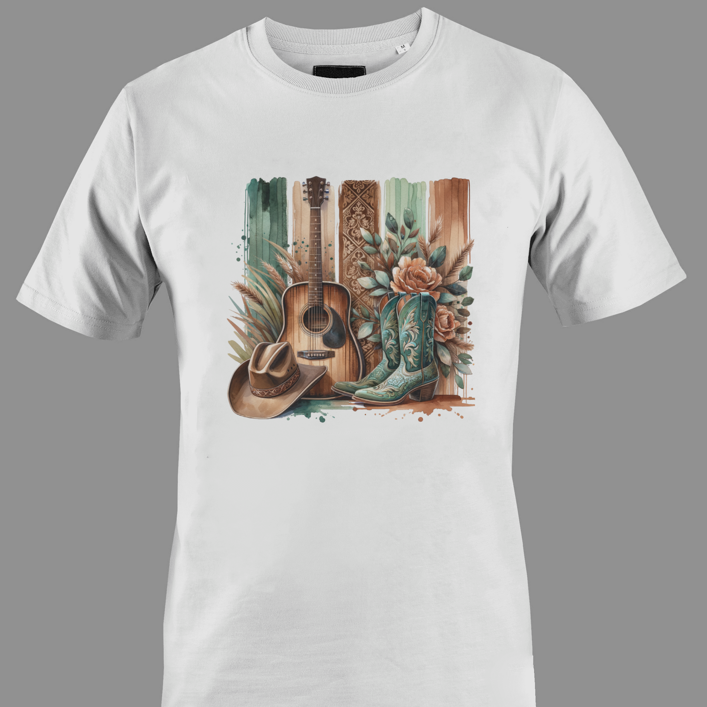 White t-shirt with a hat, guitar and boot graphic