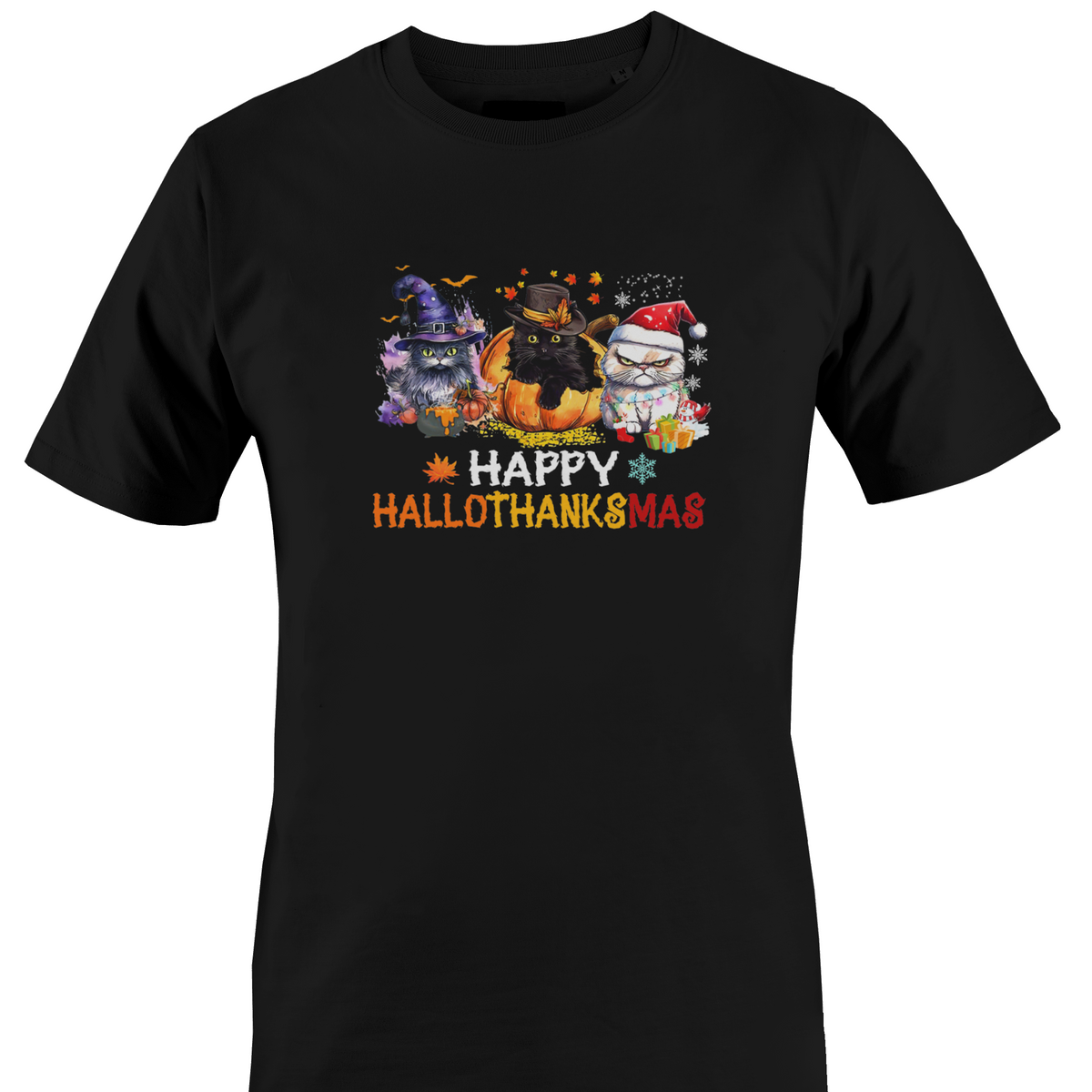 A black crewneck t-shirt featuring a colorful graphic of three cartoon cats with pumpkins and the text 'HAPPY HALLOTHANKSMAS' printed on the chest by Monkey's Creation.