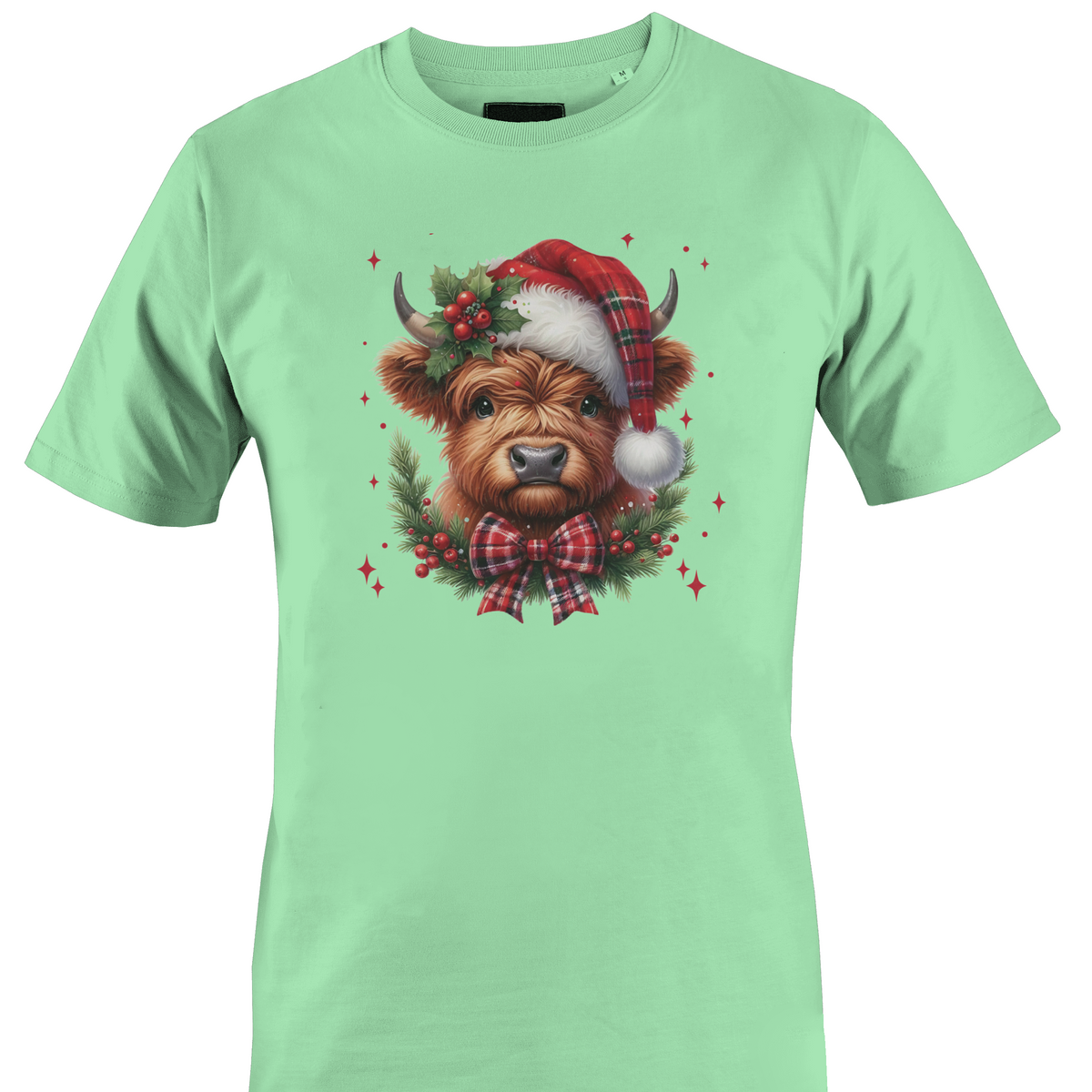 mint green t-shirt with a highland cow wearing a plaid santa hat with holly berries and a plaid bow by Monkey's Creations.