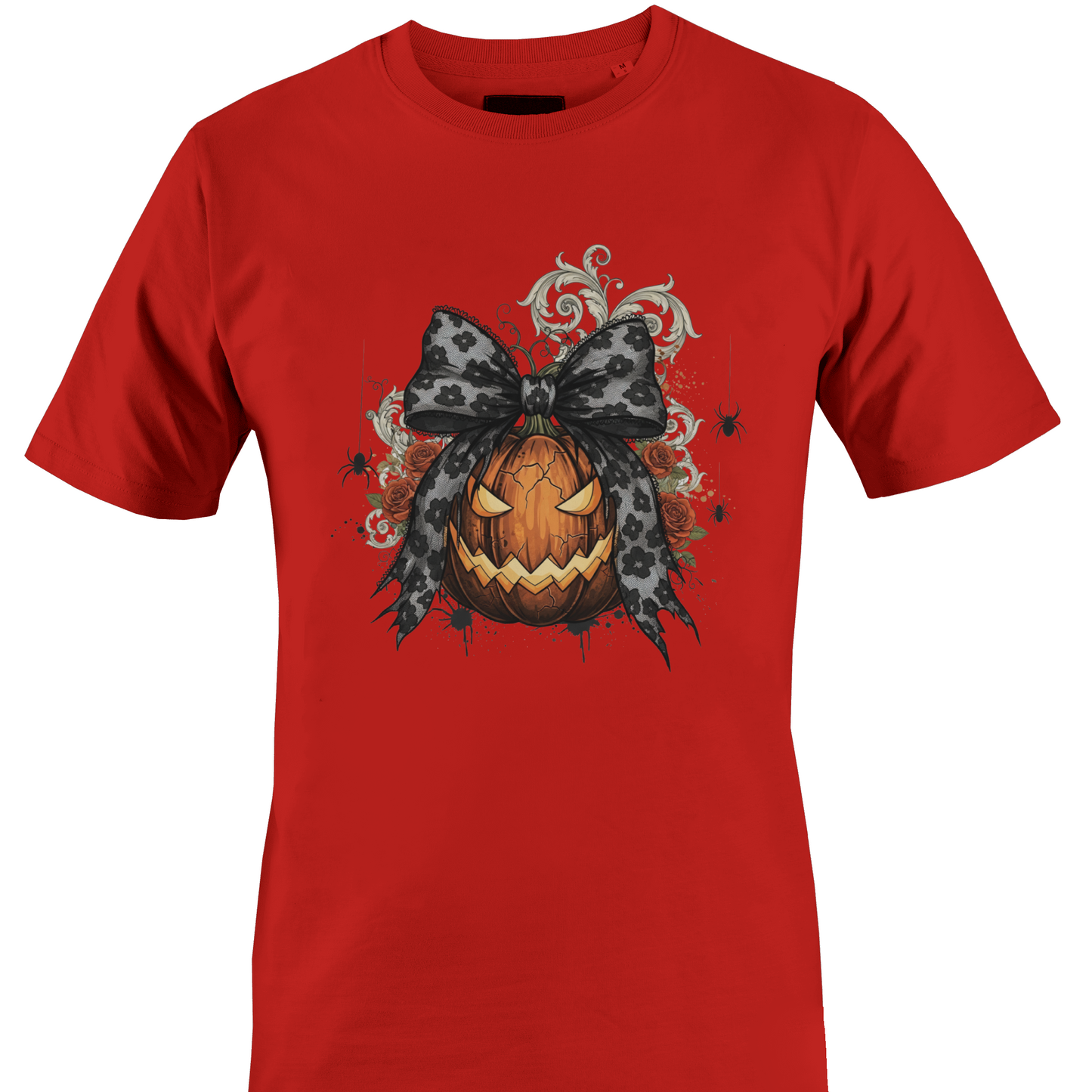 Red t-shirt with a jack o lantern wearing a bow surrounded by roses and vines for Halloween by Monkey's Creations.