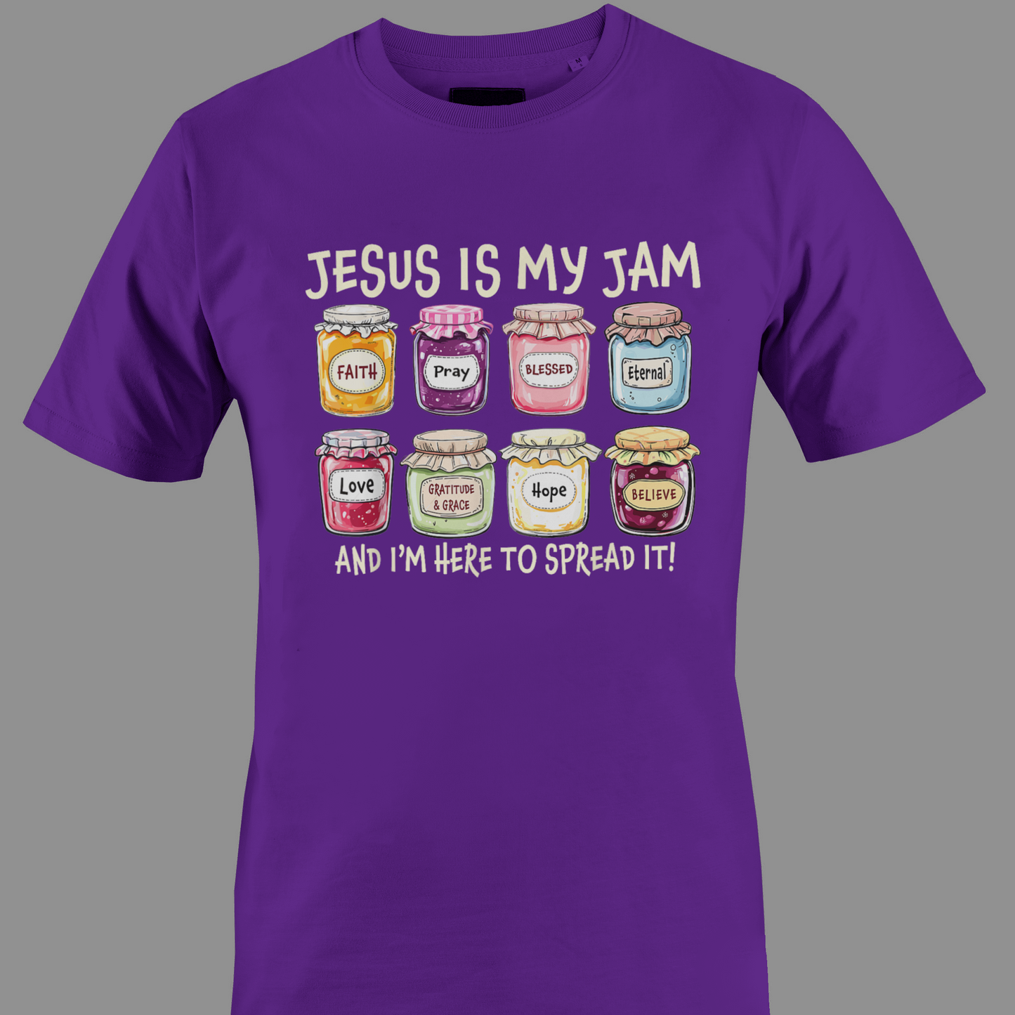Dark purple t-shirt with colorful jam jars graphic and text Jesus is my jam