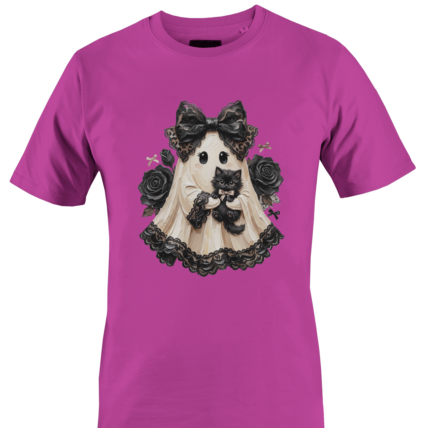 Pink t-shirt with a lace sheeted ghost with a black cat and roses for Halloween by Monkey's Creations.