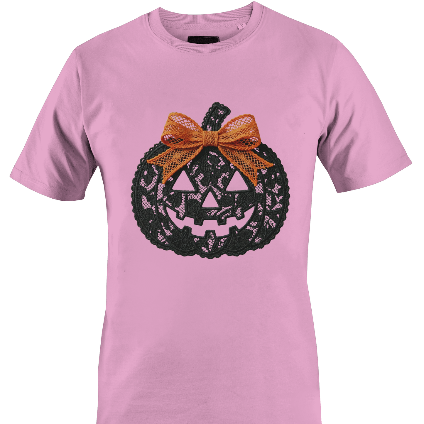 Pink t-shirt with a black lace jack-o'-lantern with an orange lace bow for Halloween by Monkey's Creations.