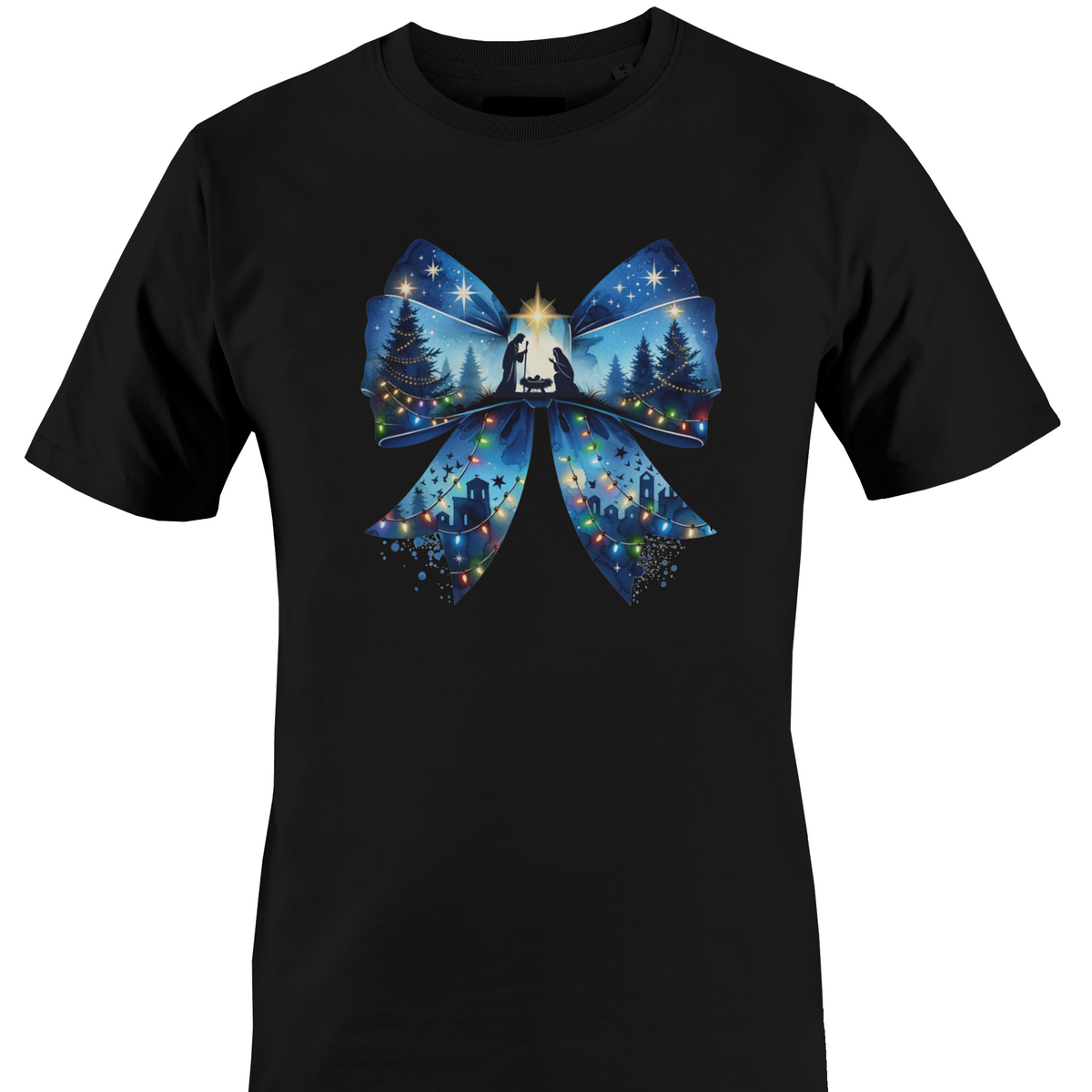Black t-shirt with a nativity scene inside a large bow with Christmas Lights by Monkey's Creations.