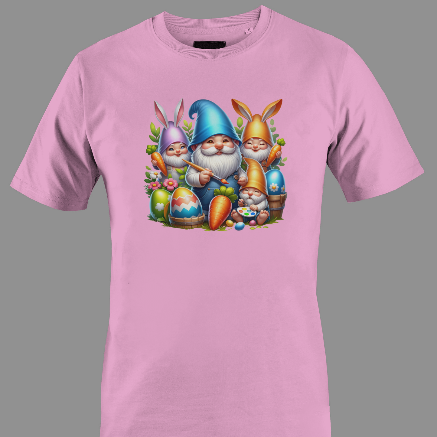 Light pink t-shirt with Gnomes and bunnies with Easter eggs and carrots