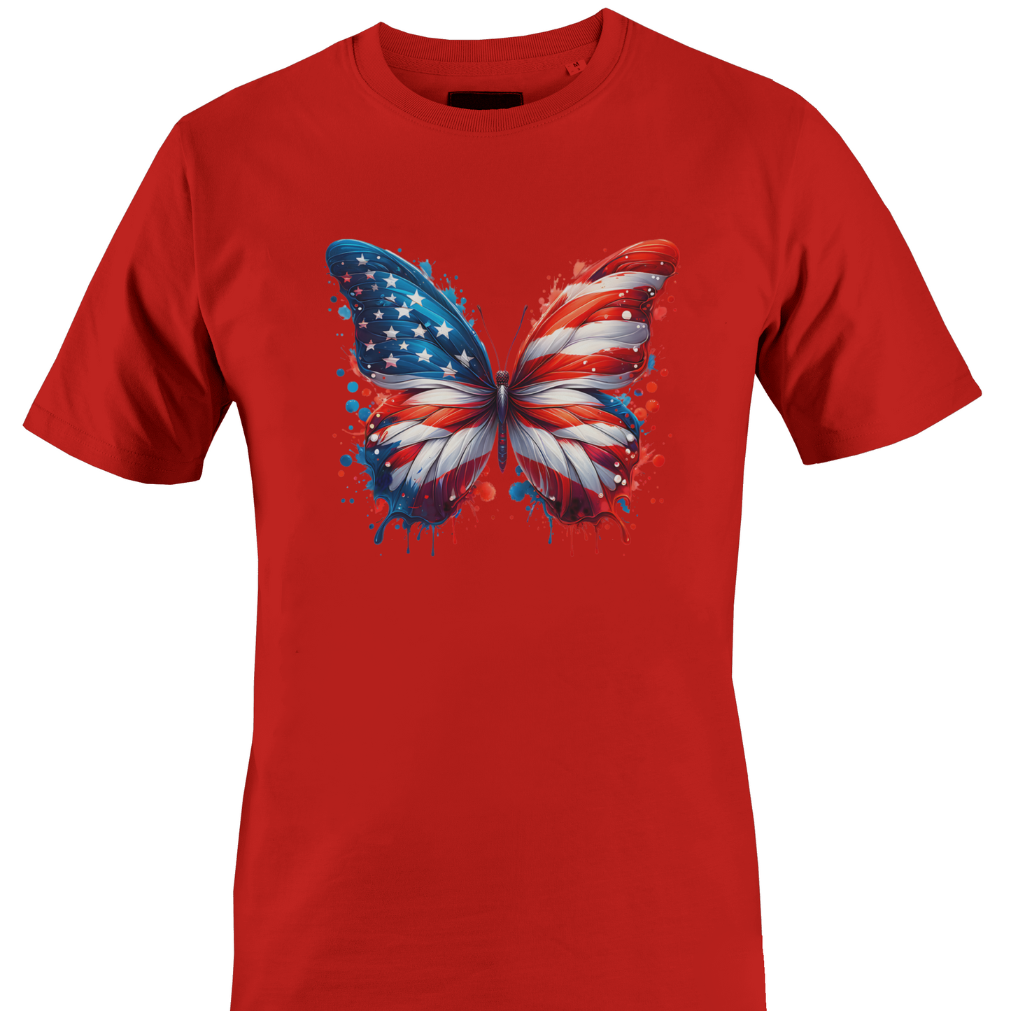 Red t-shirt with a butterfly design featuring the colors of the American flag