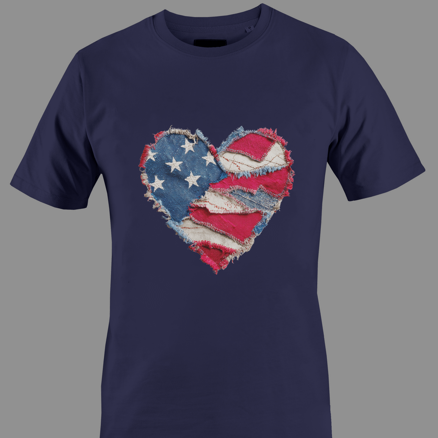 Navy Blue t-shirt with a patchwork heart-shaped American flag
