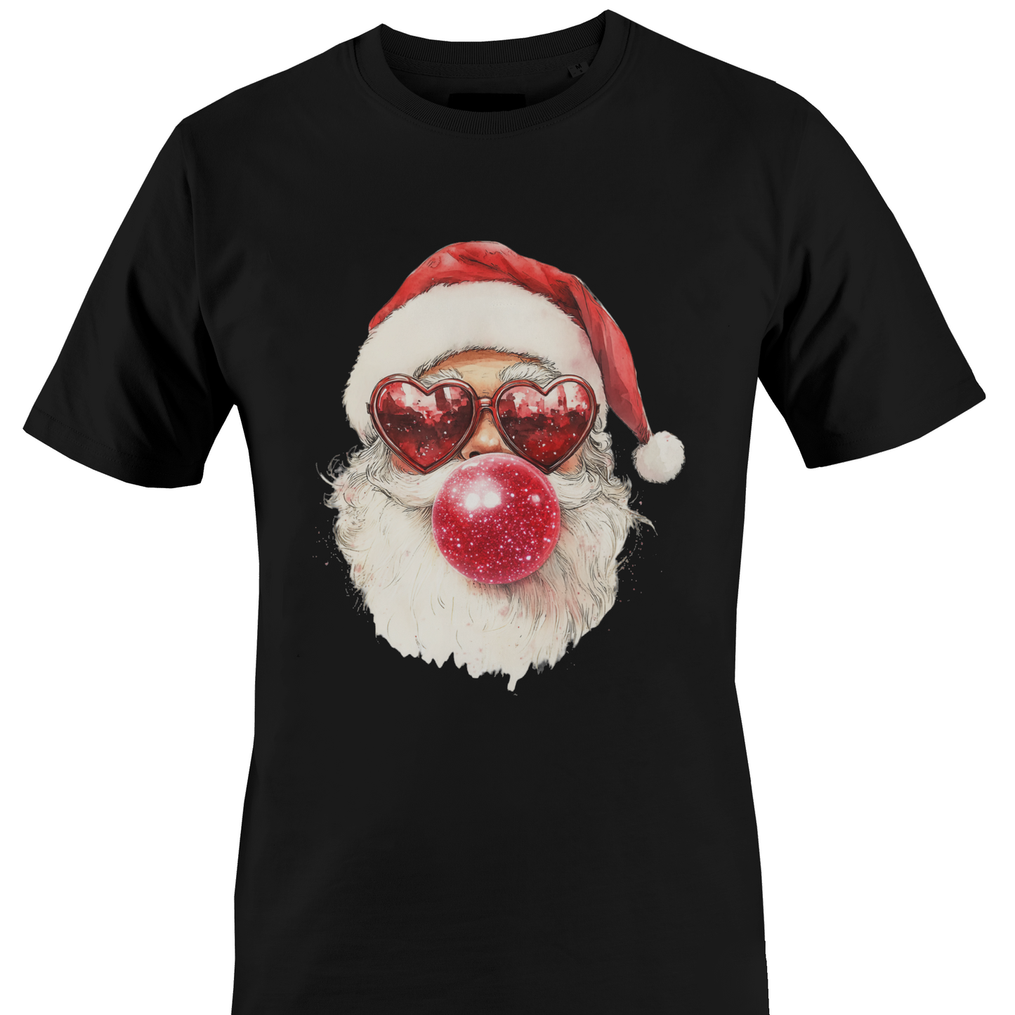 Black t-shirt with a Santa blowing a bubble with heart glasses by Monkey's Creations.