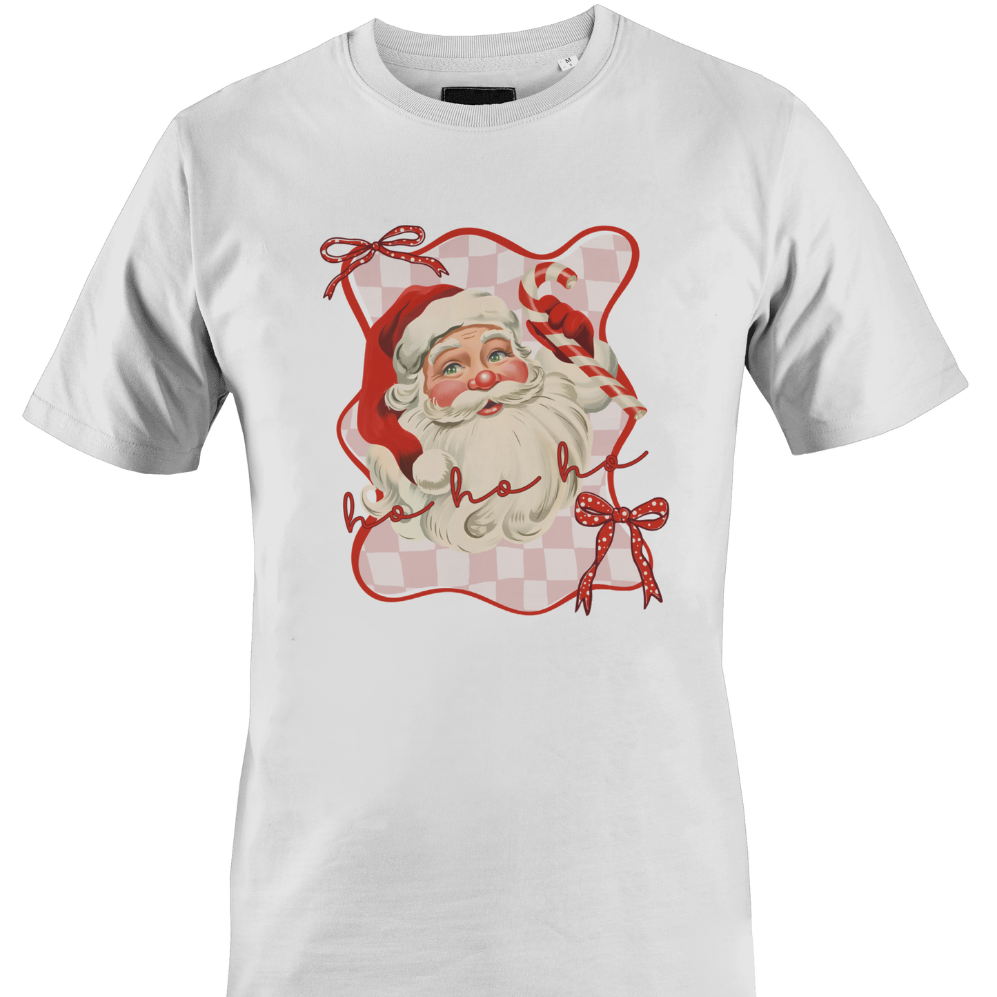 White t-shirt with a check background Santa with a candy cane by Monkey's Creations.