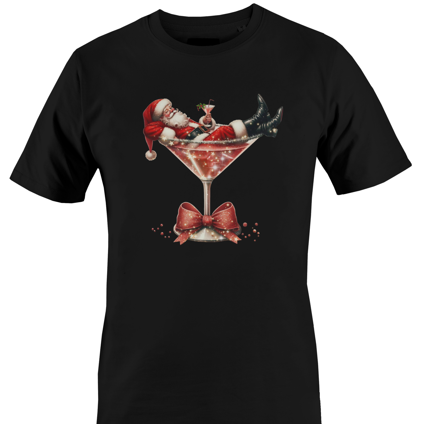 Black t-shirt with santa in a martini glass by Monkey's Creations.