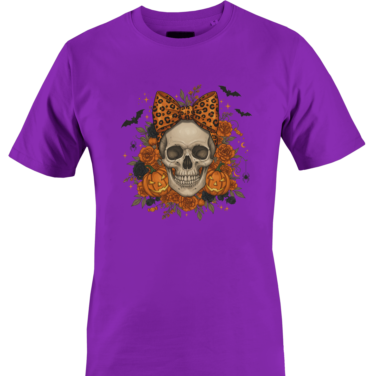 Dark purple t-shirt with a skull wearing an orange leopard print bow surrounded by black and orange roses and jack o lanterns for Halloween by Monkey's Creations.