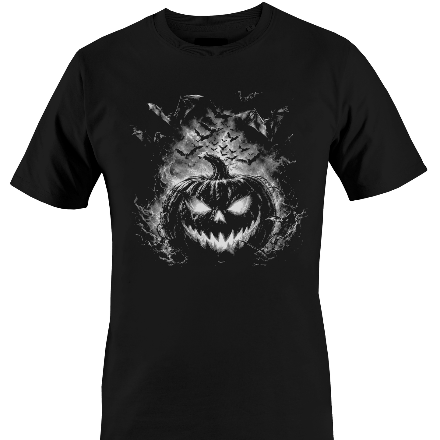 Black t-shirt with a smoky sinister jack o lantern and halloween elements by Monkey's Creations.