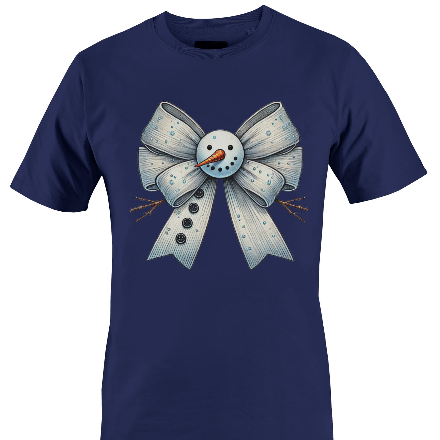 Navy blue t-shirt with a snowman themed bow by Monkey's Creations.
