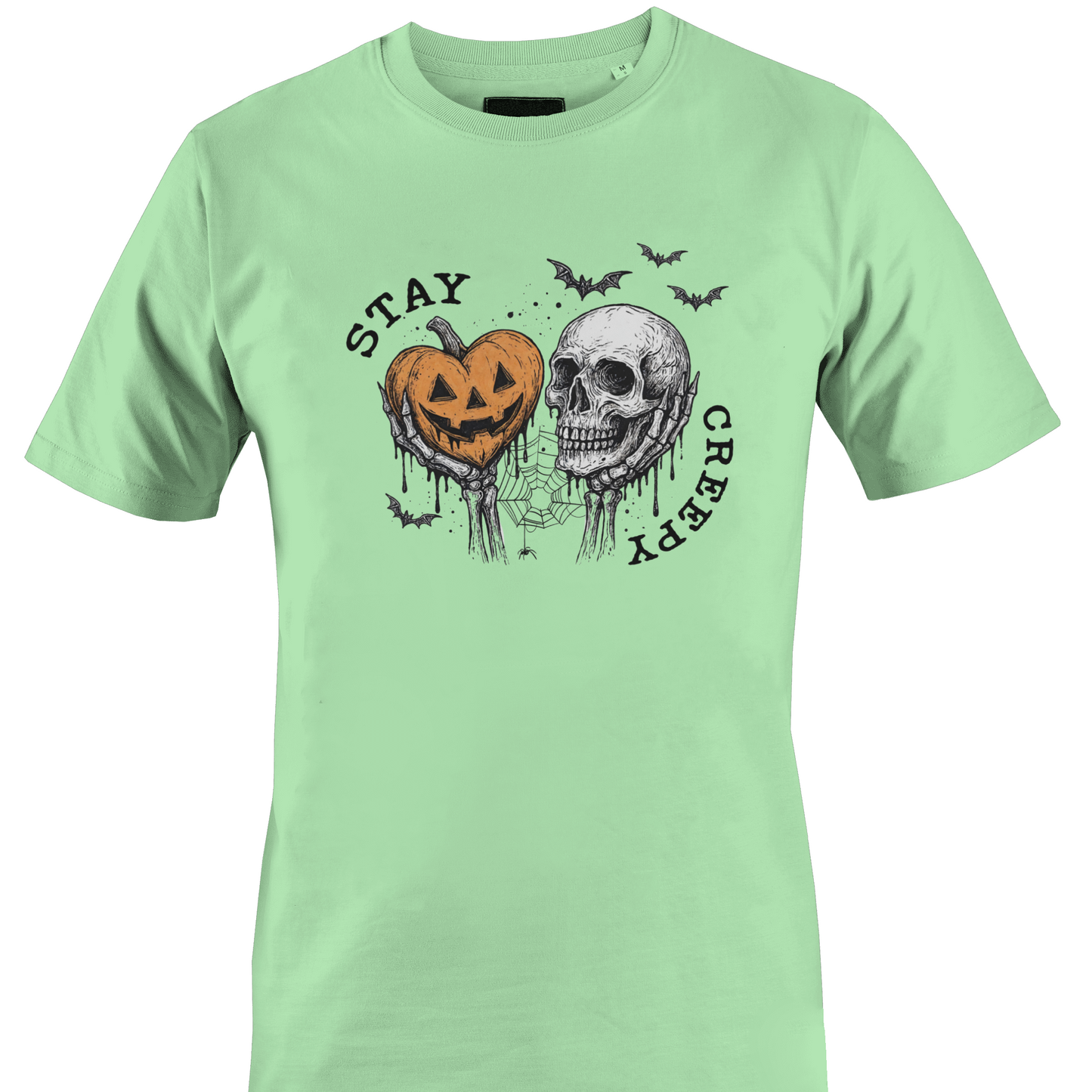 Mint green t-shirt with Halloween-themed elements and the text "stay Creepy by Monkey's Creations.