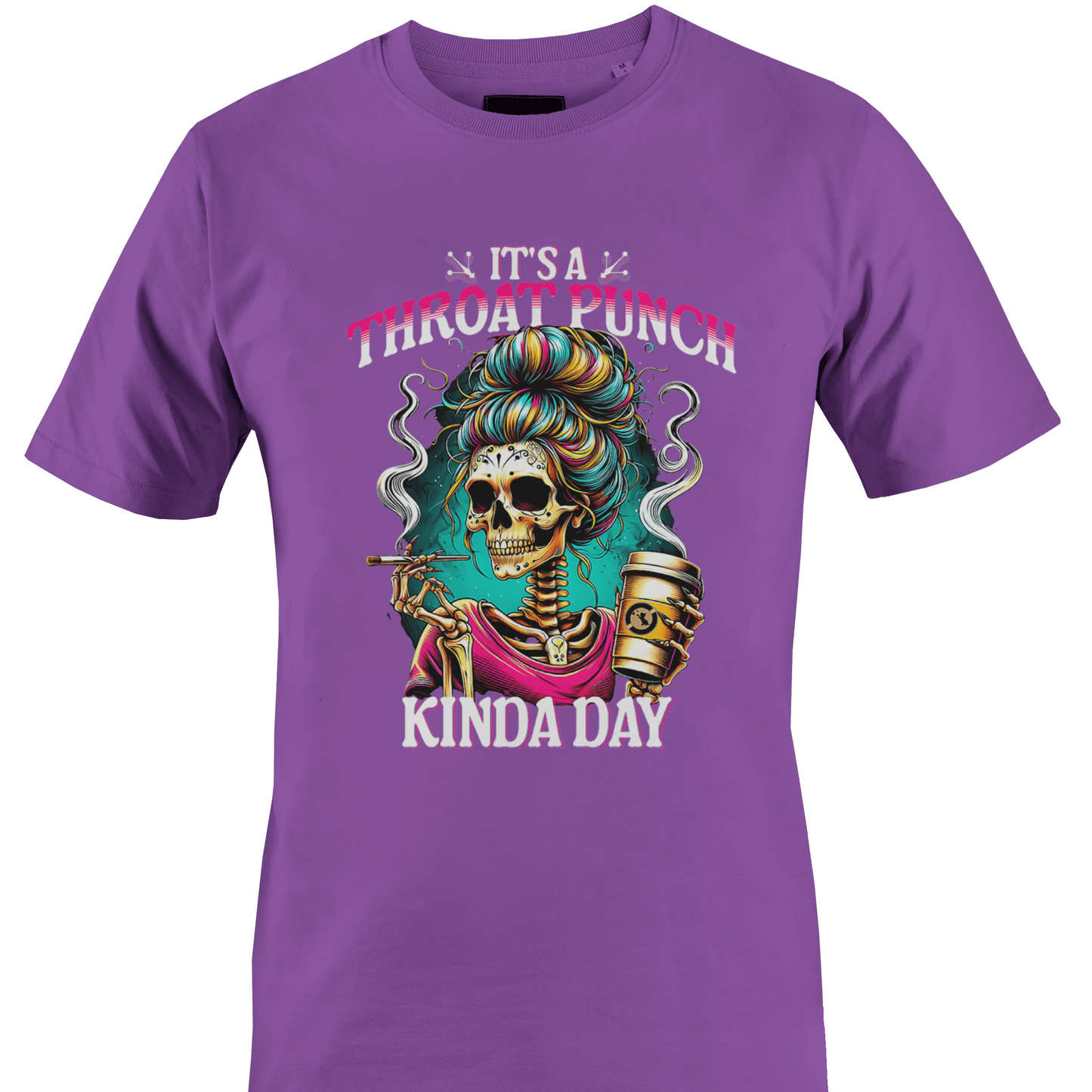 Purple t-shirt with colorful graphic and text "throat punch kinda day"