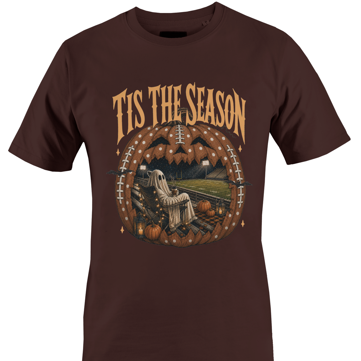Brown t-shirt by Monkey's Creations featuring a ghost in a chair inside a Jack O Lantern with Halloween elements.