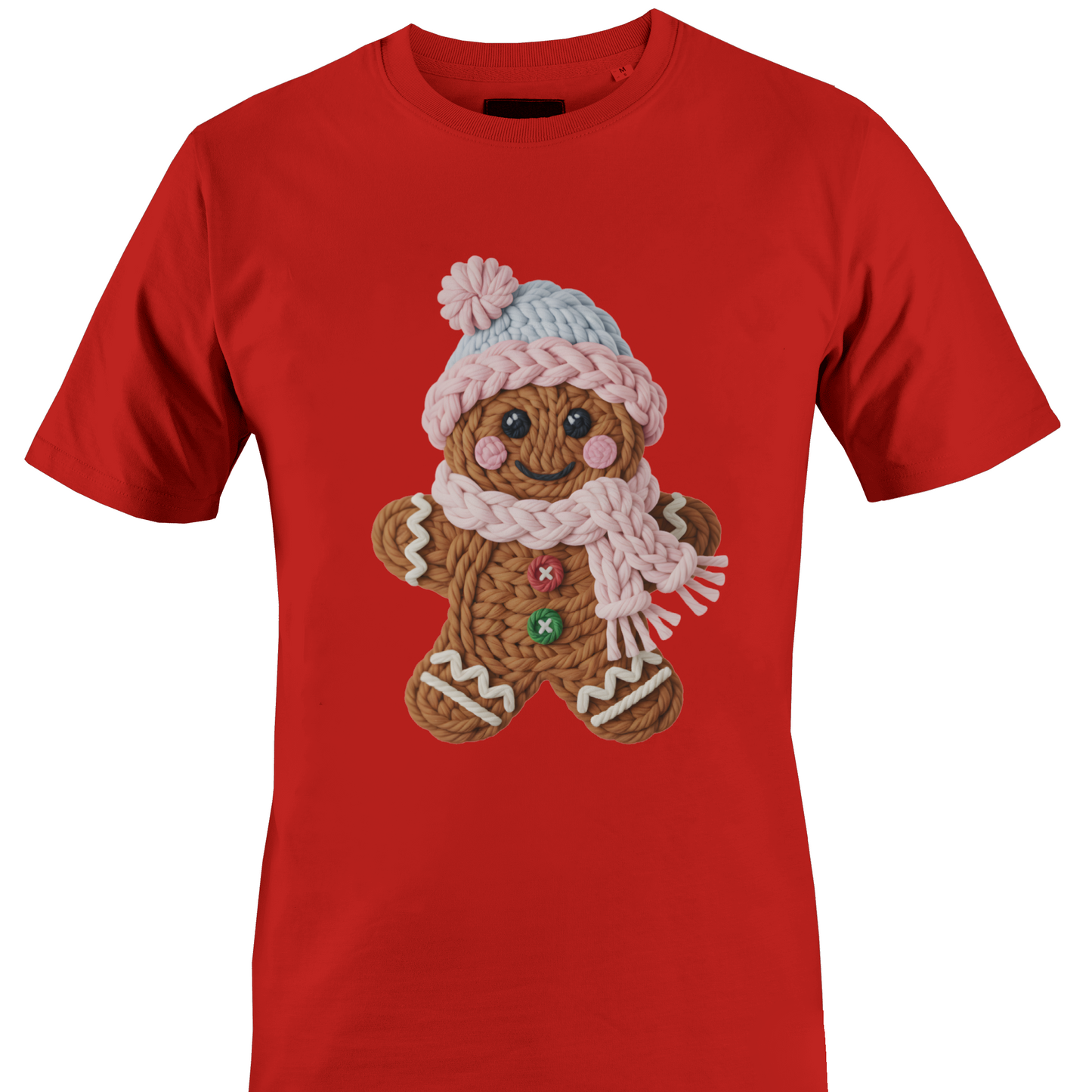Red t-shirt with a gingerbread girl made of yarn by Monkey's Creations.