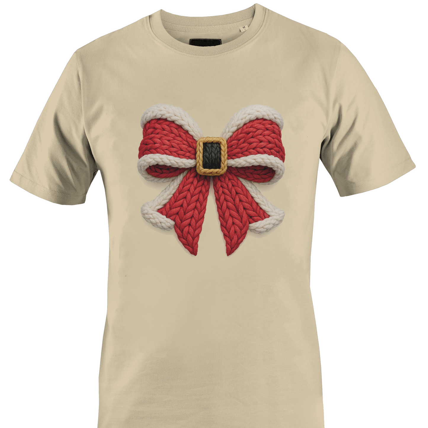 Tan t-shirt with a yarn Santa buckle themed bow by Monkey's Creations.
