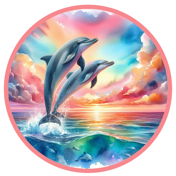 Two dolphins jumping out of water with a colorful sunset background
