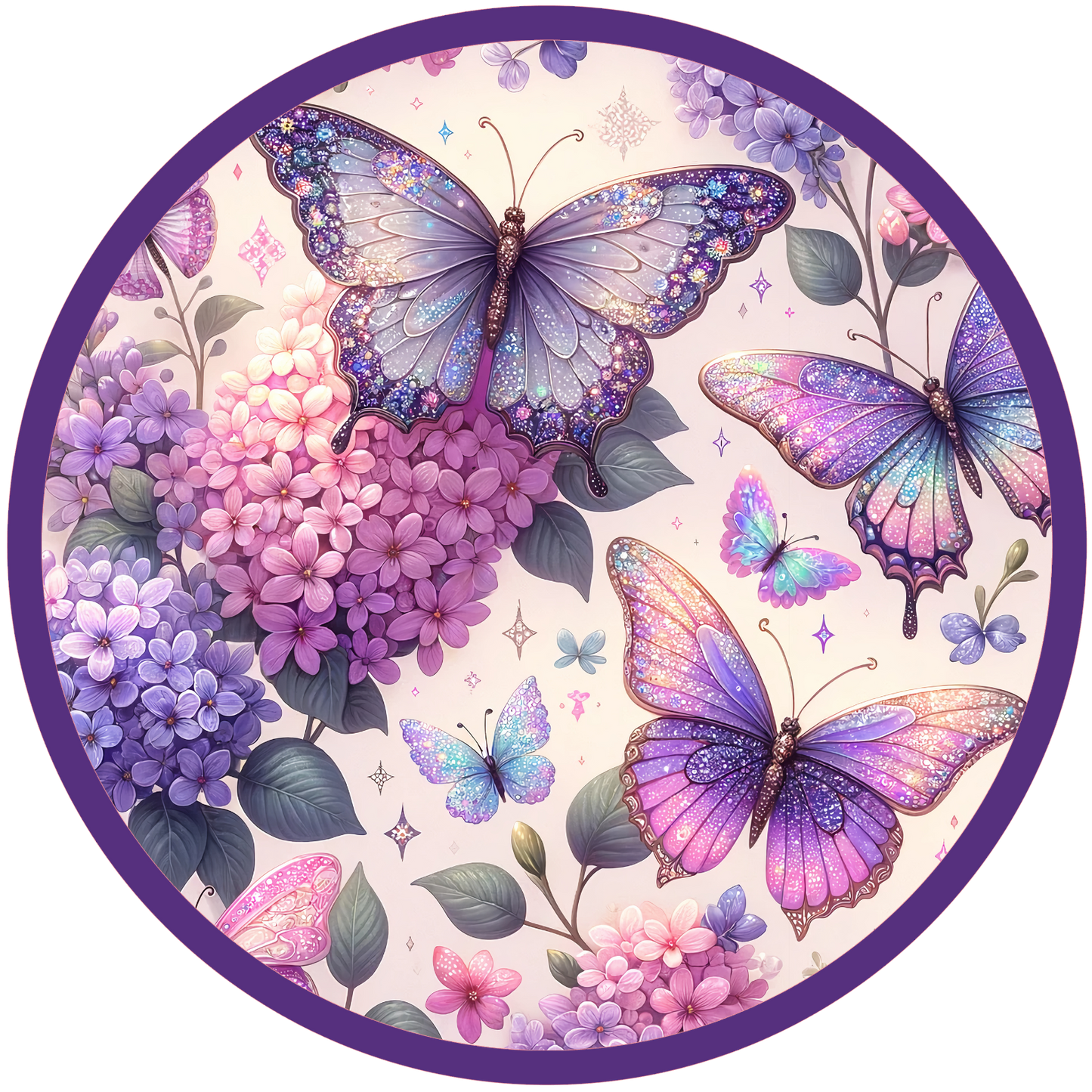 Purple and pink butterflies and lilacs