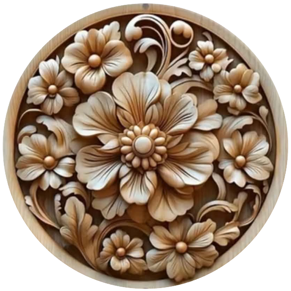 Round metal wreath sign with a faux carved flowers