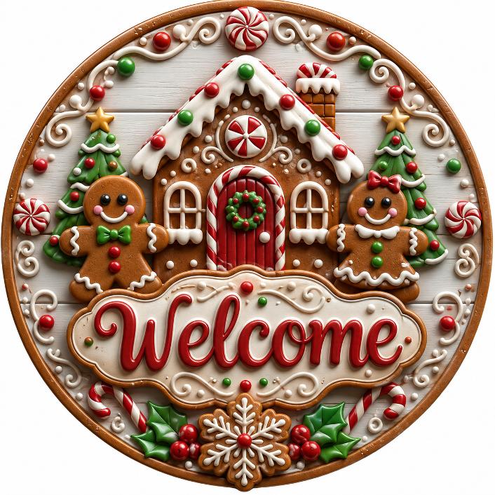 Round metal wreath sign featuring a 3D gingerbread house, gingerbread cookies, Christmas elements with "welcome" by Monkey's Creations.