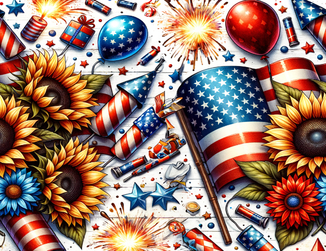 Colorful collage with American flags, balloons, sunflowers, and fireworks