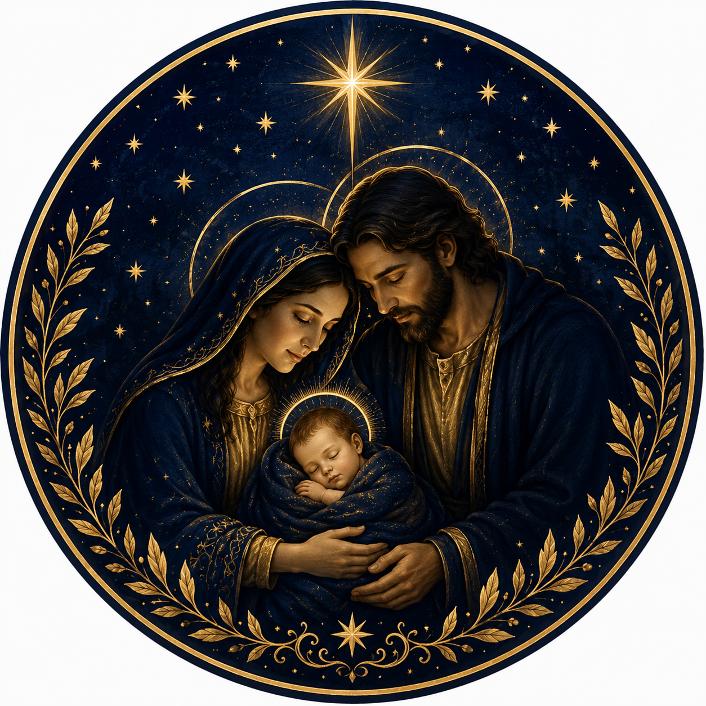 Round metal wreath sign by Monkey's Creations featuring a man woman and baby Jesus with the north star and gold embellishments for Christmas.