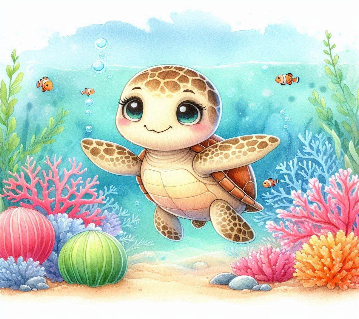 Cartoon turtle surrounded by colorful coral and fish in an underwater scene