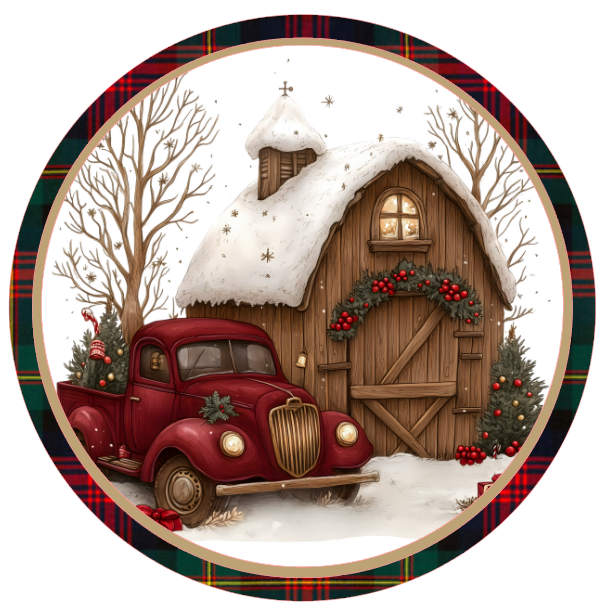 Decorative image of a red truck in front of a snow-covered cabin with Christmas trees.