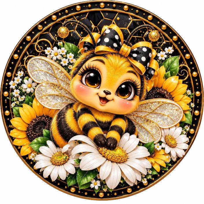 Round metal wreath sign by Monkey's Creations featuring a bee surrounded by sunflowers and daisies with gold and black honeycomb in the background.